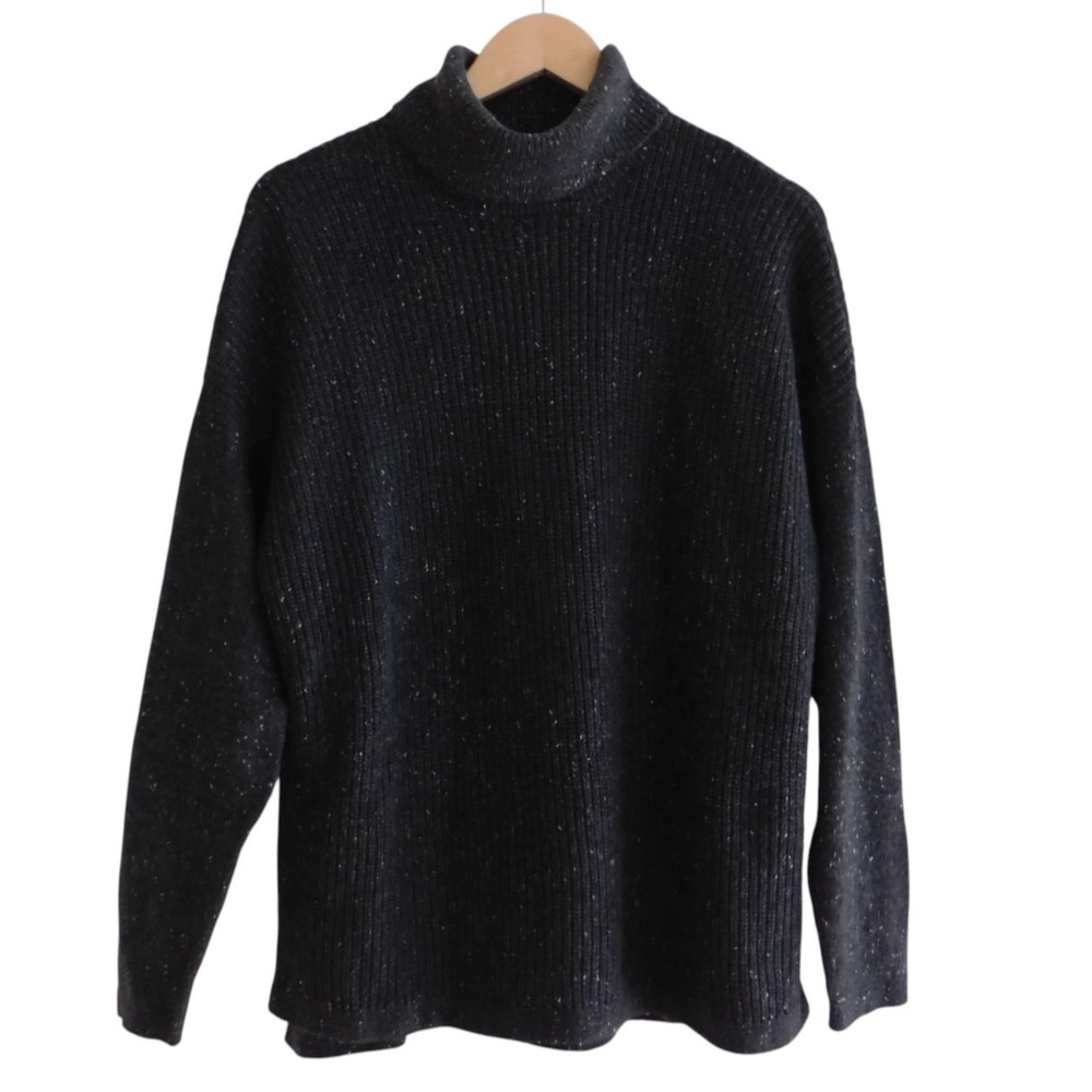 J Jill Womens Marled Turtleneck Sweater Speckled Black Chunky Knit Size Large
